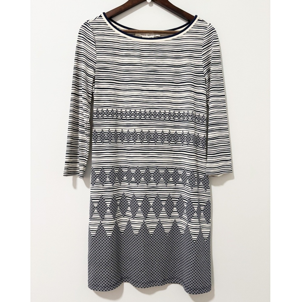 Max Studio Dress Womens Size Small Blue White Striped Boat Neck 3/4 Sleeve Work